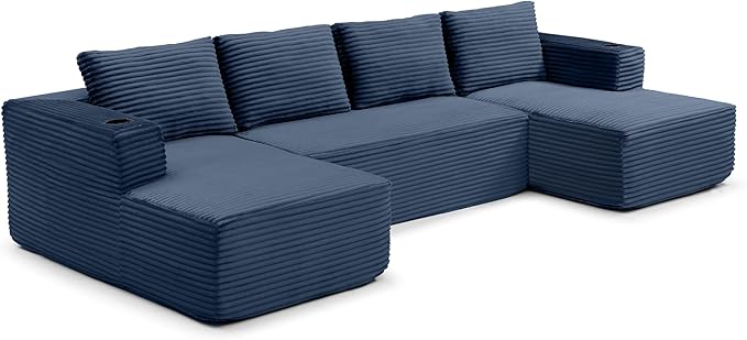 132-Inch U-Shaped Cloud Sectional Couch, Symmetrical Modular Compressed Boneless Sectional Sofa with Chaise Lounges, Plush Corduroy Boneless Corner Sofa W/Cupholders