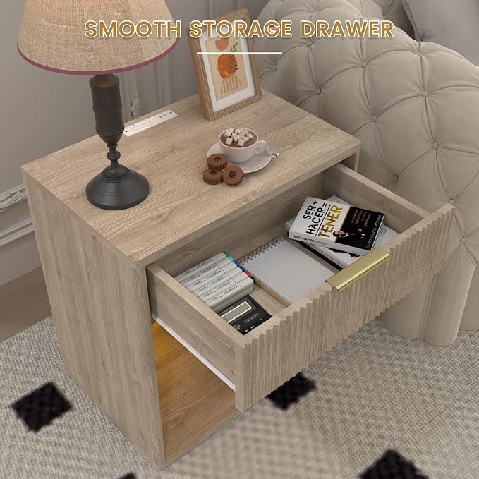 EROMMY Fluted Nightstand with Charging Station, 23” Wide Modern Bedside Table with Drawer, Mid Century Nightstand End Table for Bedroom, Natural Oak - Image 7
