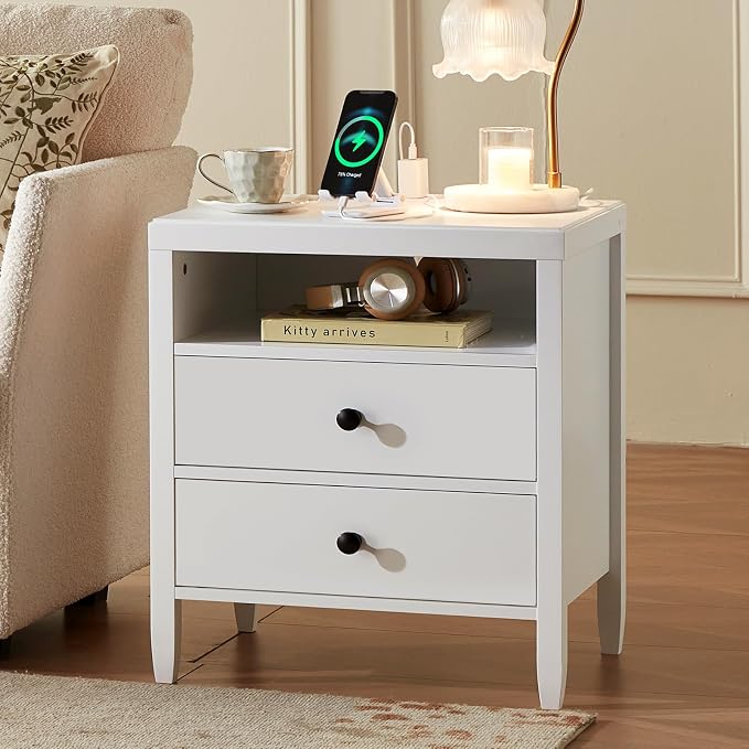 Huuger White Nightstand Set of 2, Night Stand with Charger Station, Bedside Table with 2 Drawers, Bed Side Tables for Bedroom, Modern Nightstands, Metal Knobs, Painted Surface - Image 5