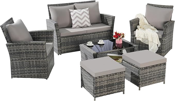 KEIKI 6-Piece Outdoor Patio Furniture Set, Rattan Patio Conversation Set with 2-Seater Sofa, 2 Single Sofa, 2 Ottomans, Coffee Table, PE Wicker Sofa Set, for Garden, Backyard, Lawn, Deck, Light Gray