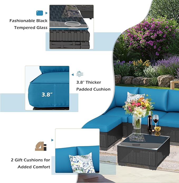 U-MAX 7 Piece Outdoor Patio Furniture Set with Extra 43 Inch Fire Pit Table, PE Rattan Wicker Sofa Set, Outdoor Sectional Furniture Chair Set with Tea Table, Black Rattan and Peacock Blue Cushion
