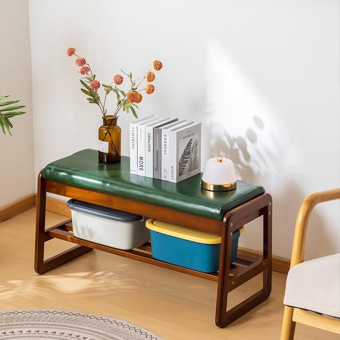 Solid Wood Shoe Bench, 2-Tier Entryway Bench with Cushion and Flip-Open Storage Box, Mid-Century Modern Shoe Bench Rack for Hallway, Mudroom(Green, 21.65'') - Image 6