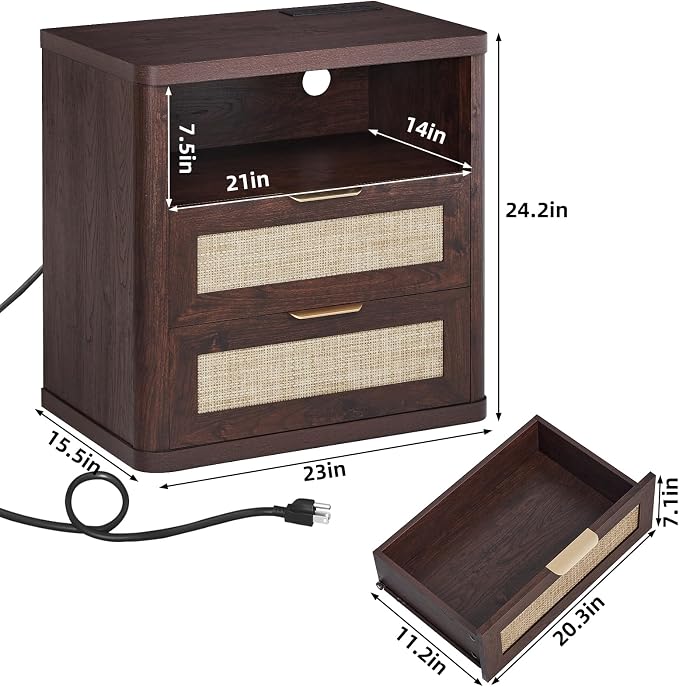 LEYAOYAO Rattan Nightstands Set of 2 with Charger Station, 23" Wide Boho Night Stand with 2 Drawers, Bedside Table Open Shlef, Bed Side End Table Dresser for Bedroom, Living Room Hallway, Walnut - Image 3