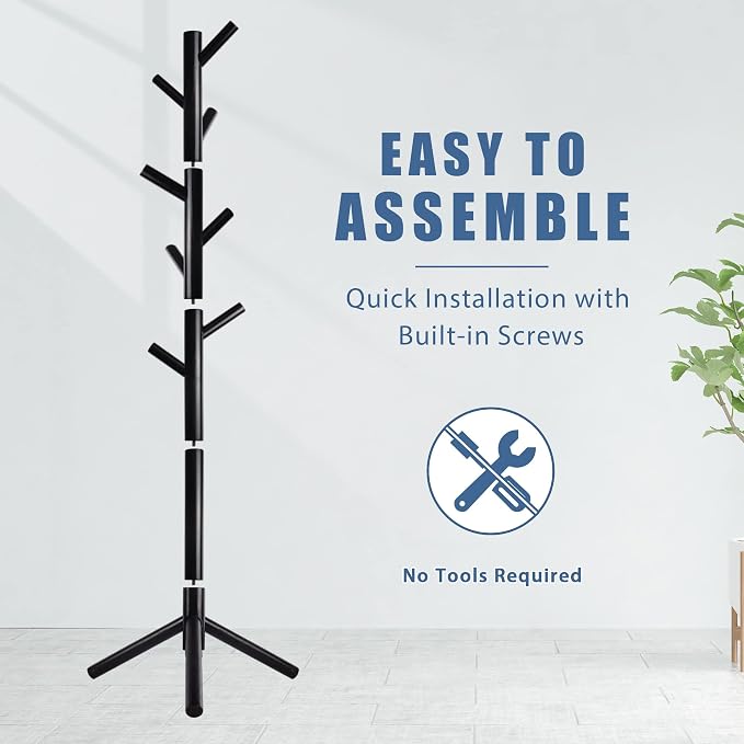 Haddockway Wooden Coat Rack Stand with 8 Hooks New Zealand Pine 3 Adjustable Coat Standing Tree Easy Assembly for Coats, Hats, Scarves and Handbags for Entryway, Hallway, Bedroom, Office,2 PCS - Image 4