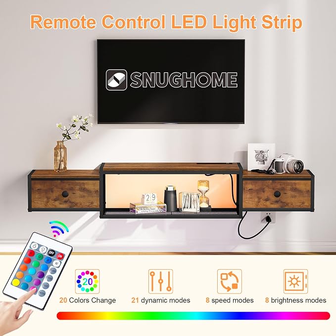 Snughome 63" Floating TV Stand with Power Outlets, Wall Mounted Entertainment Center with LED Lights, Floating TV Shelf with Drawer, Media Console Shelf for Living Room,for Under TV Storage, Bedroom - Image 7