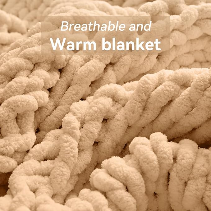 Negwoo Chunky Knit Throw Blanket, 40''*50'' Knitted Throw Chenille Yarn for Bed Couch, Handmade Beige Crochet Big Thick Blanket, Machine Washable Cute Comfy Blanket for Home Decor