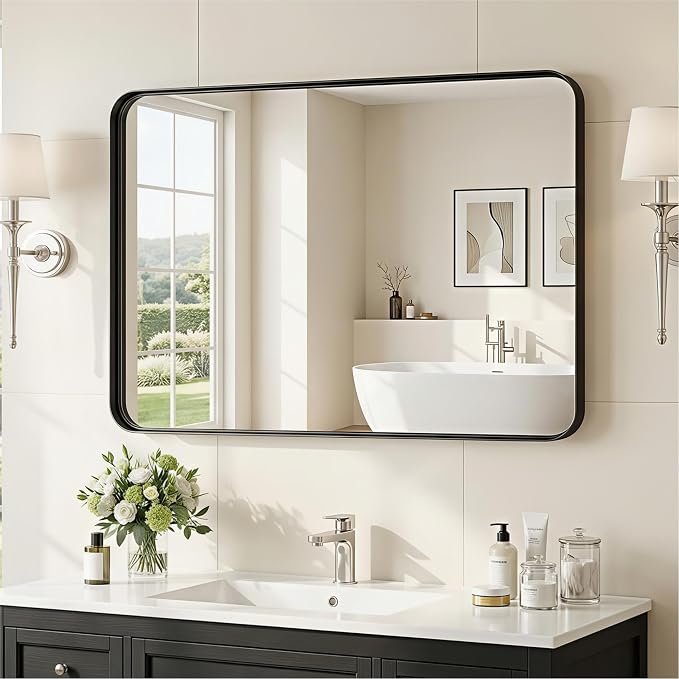 Suidia Bathroom Mirror, 24" x 36" Wall Mirror Metal Framed, Bathroom Vanity Mirror for Living Room Bedroom Bathroom Entryway, Black, Rounded Corner Style - Image 2