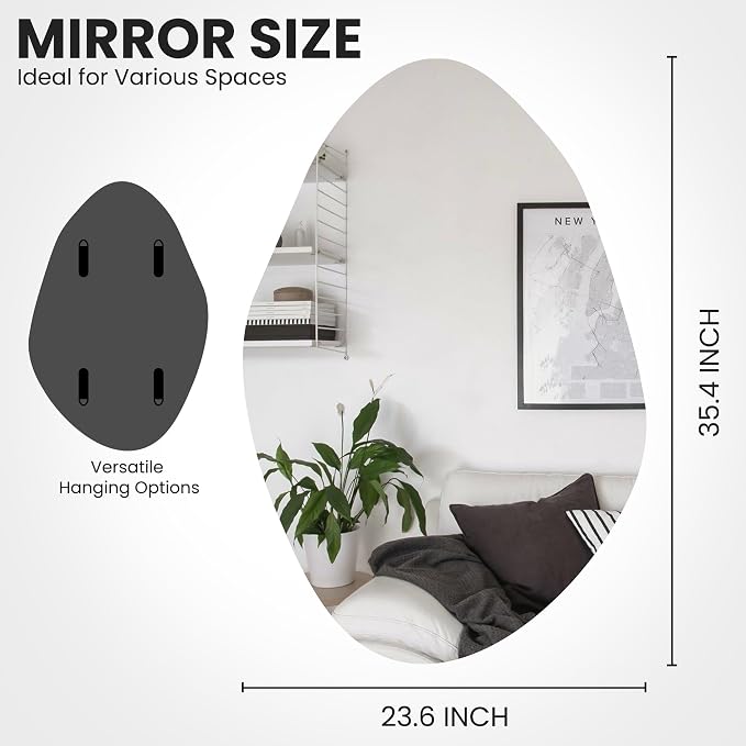 TRAHOME Irregular Asymmetrical Wall Mirror for Living Room Bathroom Entryway, Modern Decorative Mirror Hanging (Hook Style, 36'' x 24'') - Image 7