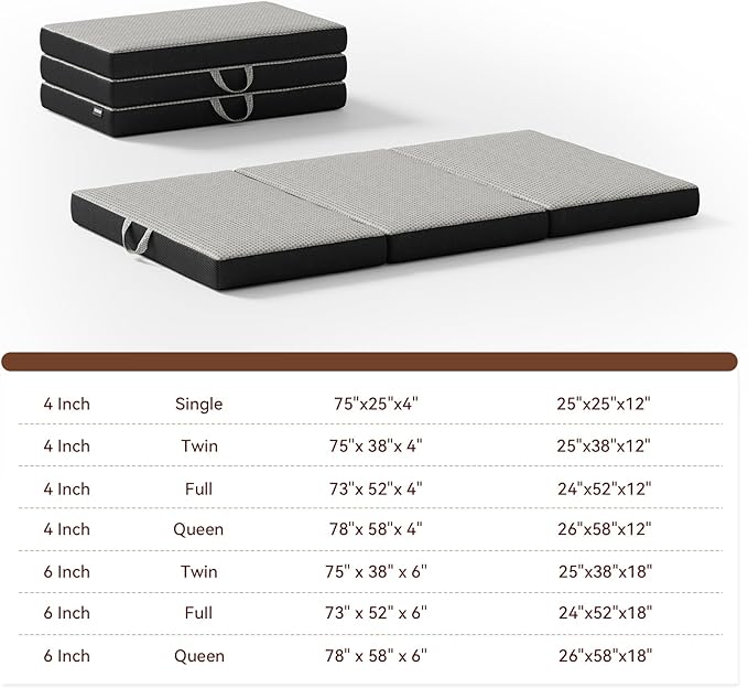 ROXGOX Memory Foam Trifold Mattress, Twin Portable Floor Bed 4 Inch, Foldable Mat with Washable Cover, Handle & Non-Slip Bottom, for RV, Travel, Camping, Yoga, 75"x38"x4", Grey