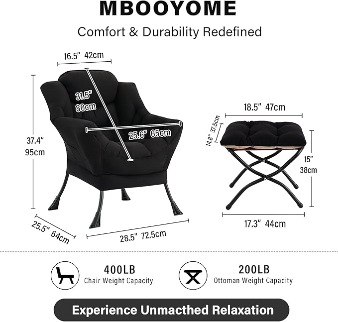 MBOOYOME Lazy Chair with Folding Ottoman, Modern Accent Lounge Armchair with Armrests and a Side Pocket & Foldable Footstool, Leisure Reading Chair for Living Room, Bedroom, Dorm & Office, Black