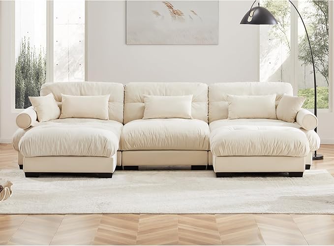 KEIKI 130" U-Shaped Oversized Velvet Modular Sectional Sofa with 2 Ottoman, High-Density Foam Cushions and Bolstered Armrests, Upholstered 3-Seater Cloud Couch with 5 Pillow, for Living Room, Cream