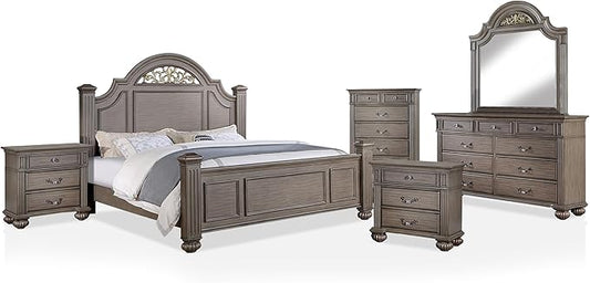 Furniture of America Malierd Traditional Wood 6-Piece Set, Panel California King-Size Bed, 3-Drawer Nightstands, Chest, Dresser and Mirror for Bedroom, Gray