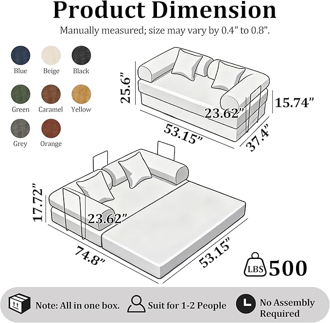 53.15'' Convertible Compressed Corduroy Folding Cloud Sofa Bed, Modern Boneless Pull Out Loveseat Sleeper in a Box, 4 in 1 Floor Mattress Futon Cloud Couch, No Assembly Needed, Orange, Pillows, Full