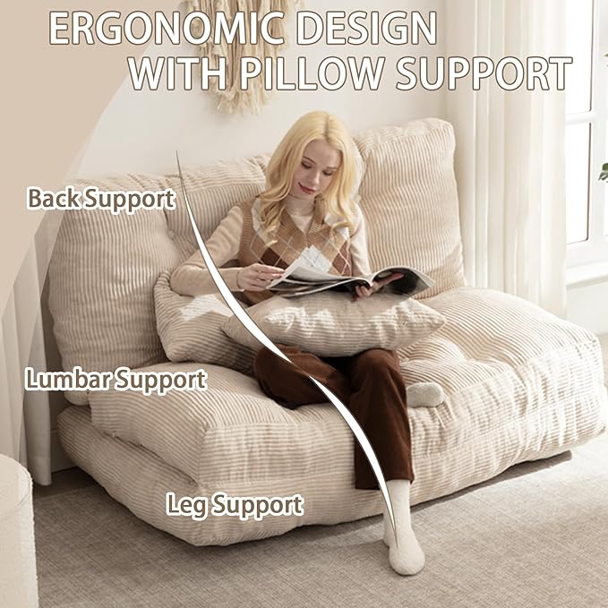 Folding Sofa Bed, Convertible Sleeper Chair with Pillow Foldable Mattress with Back Support, Portable Fold Out Chair Bed Comfy Floor Sofa Lounge for Living Room Bedroom, Beige Full 80x54 Inch