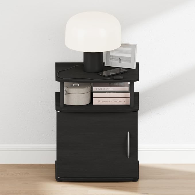 Furinno Jaya Night Stand with Door, Nightstand with Open Shelf and Door Cabinet, Round Corner Bedside Table, Side Table, End Table, for Bedroom, Closet, Dorm, Black - Image 4
