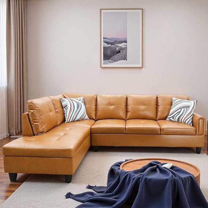 L Shape Sectional Couch with Chaise, 97 Inch Modular Sofa with Ergonomic Reclined Backrest, Sectional Couches for Living Room, High-Density Foam, for Office and Small Apartment, Ginger