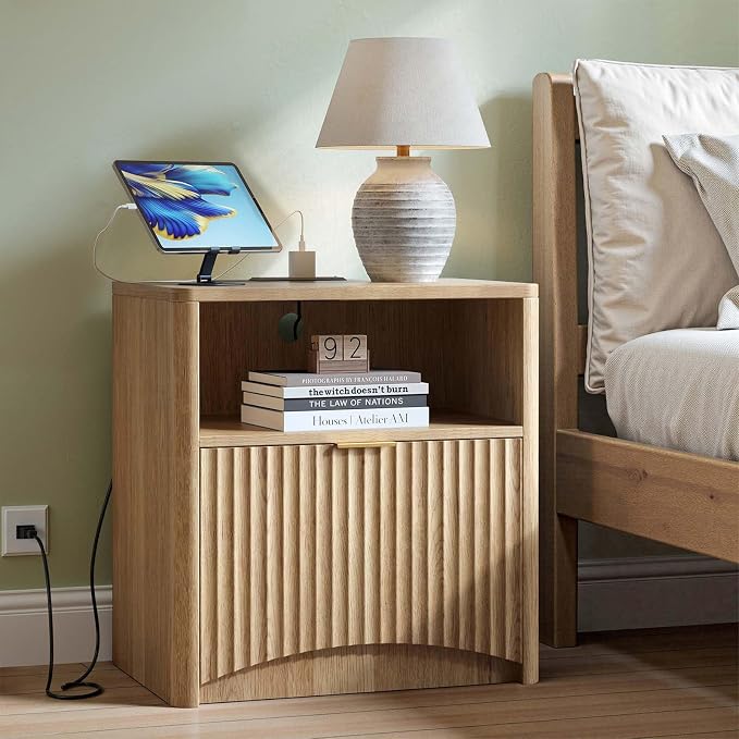Evermagin Fluted Nightstand with Charging Station, Natural Oak Bedside Table with Drawer and Storage, Wood End Table Mid Century Modern, Large Night Stand for Bedroom by Evermagin