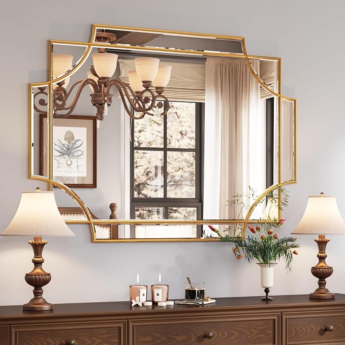 Kelly Miller Large Gold Decorative Mirror for Wall, 30"x40" Gold Bathroom Mirror Rectangle Vanity Wall Mirror Beveled for Master Bath Half Bath Living Room Bedroom Farmhouse Fireplace Hallway by KellyMiller