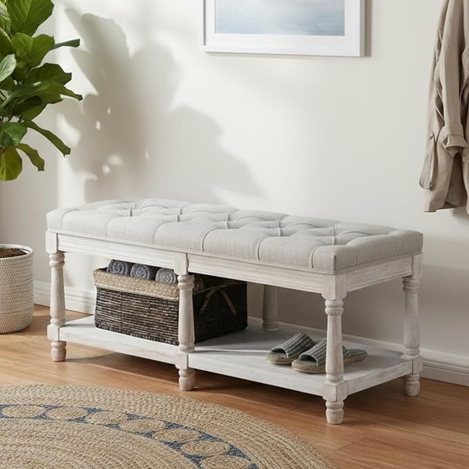 Farmhouse Storage Bench Wooden Entryway Upholstered Tufted Ottoman Bench for Bedroom End of Bed Hallway Organizer, Beige - Image 5