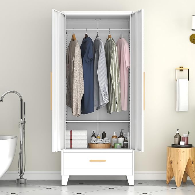75.3" Tall Metal Armoire Wardrobe Closet with Mirror Doors and Drawer, Adjustable Hanging Rod and Adjustable Shelf, Freestanding Storage Cabinet Organizer for Bedroom, Office, Laundry Room, White