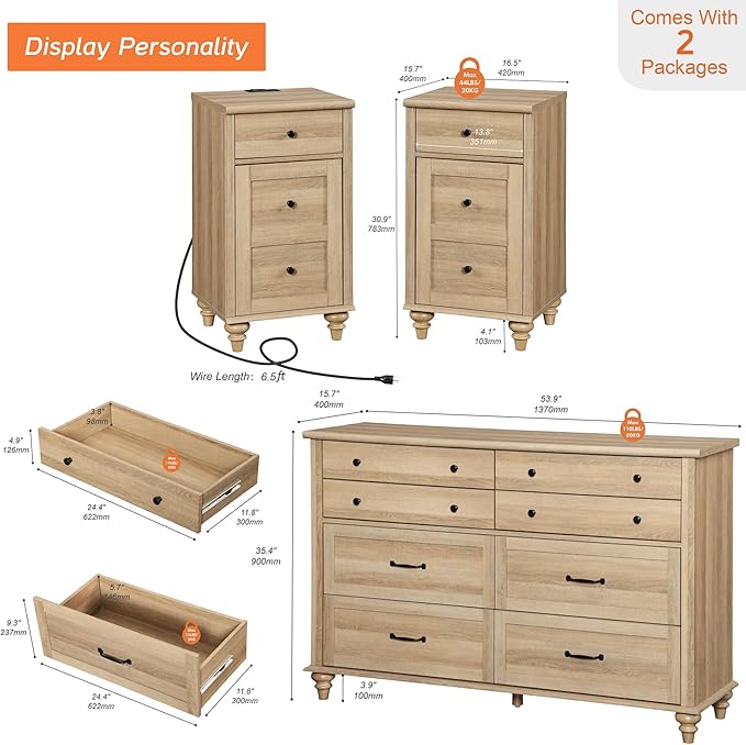 WAMPAT 3 Piece Bedroom Set - Includes 8 Drawer Dresser, Set of 2 Night Stands with Charging Station & Storage Cabinet, 3 Piece Dresser and Nightstand Sets, Oak