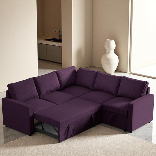 Modular Sofa Bed Couch with Storage, 82" Reversible Sleeper Sofas with Pull Out Bed, Pull Out Couch for Living Room Apartment Bedroom Office, Dark Purple