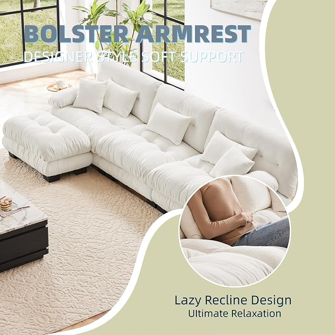 133.8" L-Shaped Cloud Couch, Oversized Modular Sectional Sofa, Deep Seat Cloud Boneless Couch, 3-Seat Modular Sectional Sofa with Ottoman or Living Room,Bedroom and Apartment, White