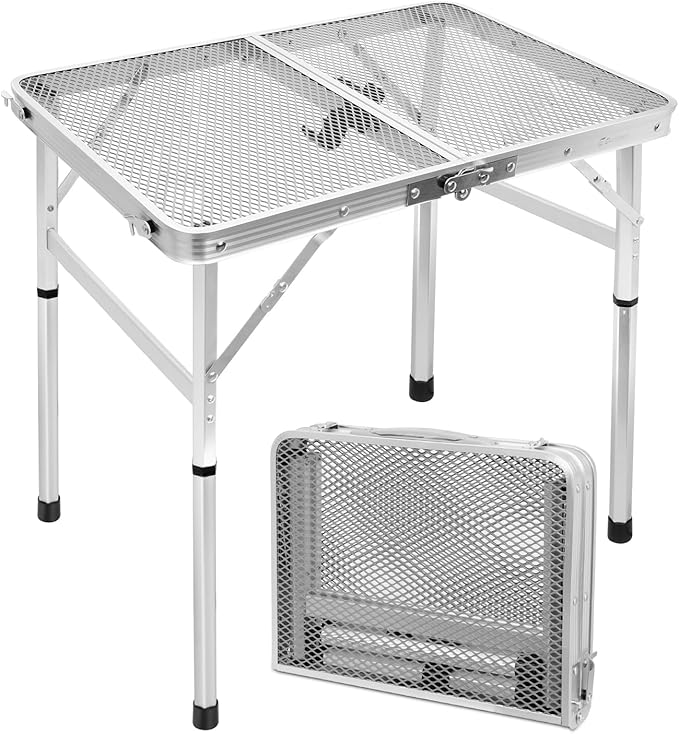 Small 2ft Folding Table with Carry Handle, Adjustable Height 10.6" or 22", Silver Metal Mesh, Portable & Compact Indoor/Apartment/Card/Side/Grill Table, 23.6"Lx15.8"W, Lightweight 4 lb, 66 lb Capacity by EEASTSTORM