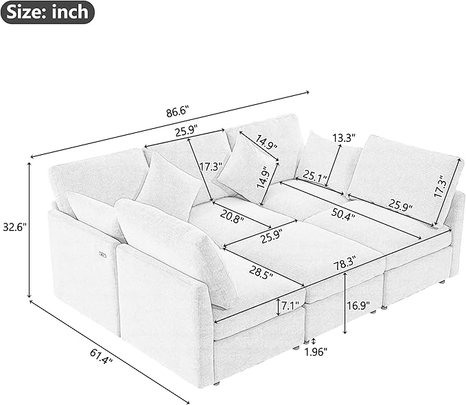 Eafurn 6 Seater Reversible Modular Sectional Sofa Convertible Sleeper Couch Bed, Free Combination Chenille Upholstered Corner Sofa Couches with USB Ports and Detachable Cushions (Light Gray)