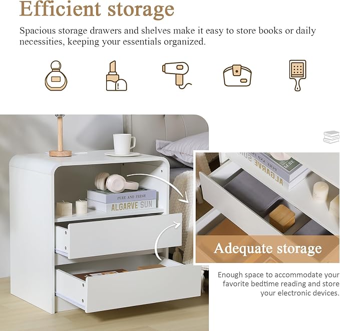 Modern Nightstands with Charging Station, White Night Stand with 2 Drawers, Wood End Table with Storage, 23.6'' Wide Bedside Cabinet for Bedroom - Image 4