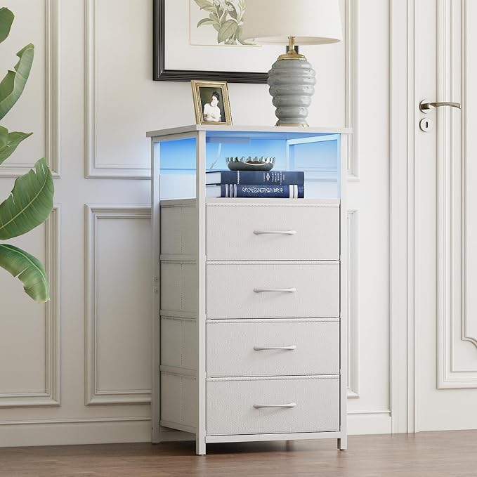 Fixwal Tall Nightstand with Charging Station, Night Stand with U-S-B Ports and Outlets, 4 Fabric Storage Drawers with PU Finish, Small Dresser Bed Side Table, White - Image 7