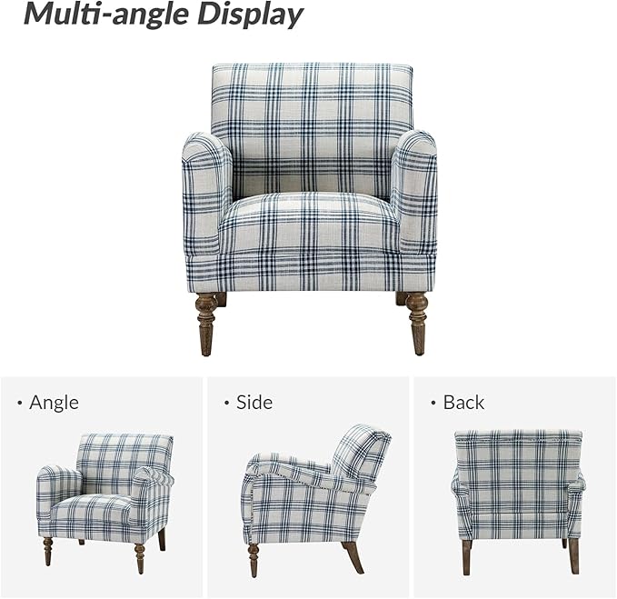 HULALA HOME Modern Accent Chair with Arms and Wooden Legs, Comfy Upholstered Armchair for Living Room, Bedroom (Plaid Pattern, Navy)