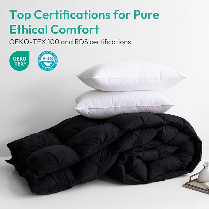 Three Geese Pinch Pleat Waterfowl Feathers and Down Comforter Cal King Size Duvet Insert,750+ Fill Power,1200TC 100% Cotton, Premium All Seasons Black-Gray Warm Hotel Comforter with 8 Tabs.