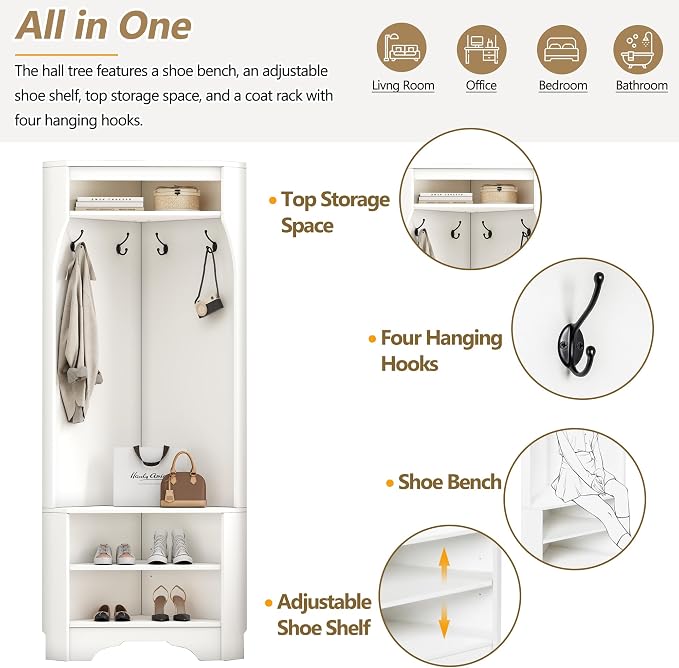 Harper & Bright Designs Minimalist Corner Hall Tree with Shoe Bench, Versatile Entryway Coat Rack with 4 Hooks, Corner Cabinet with Adjustable Shelf for Hallway, Living Room, White, 29.5''W*71.6''H - Image 3