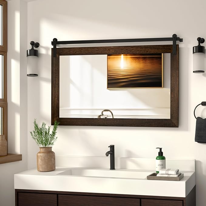 COGOOD Bathroom Mirrors for Over Sink - 41 x 26 Farmhouse Barn Door Wall Mirror for Bathroom, Living Room, Entryway Wall Decor Black Brown by COGOOD