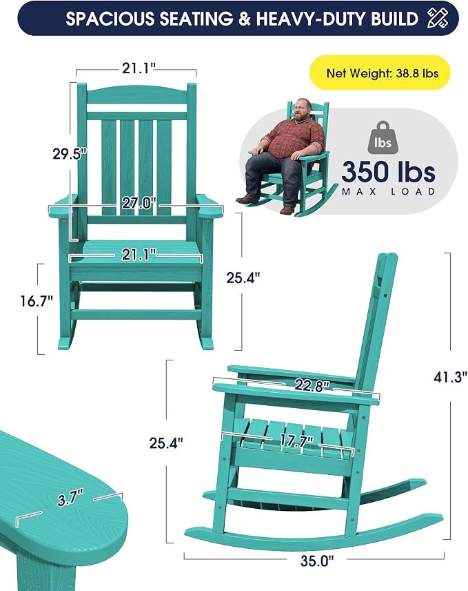 KINGYES Oversized Outdoor Rocking Chair Set of 2, High Density Polyethylene Patio Rocking Chairs with 350lbs Support for Adults, Aruba Blue - Image 3