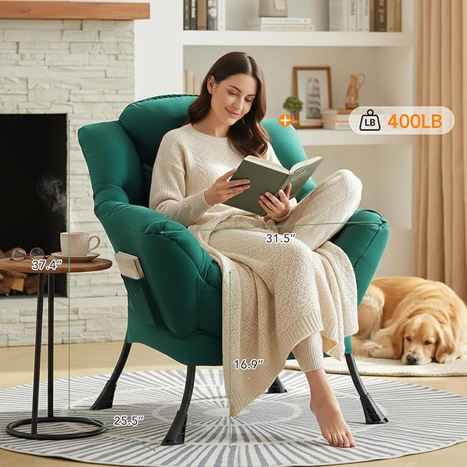 Lazy Chair for Living Room, Large Dark Green Accent Chair with a Throw Pillow, Leisure Sofa Chair Set, Comfy Reading Chair for Bedroom, Dorm Room, Office