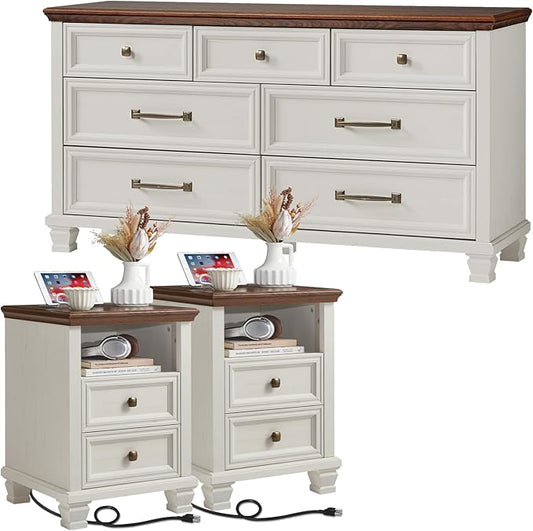 SAVOR LIFE Farmhouse Bedroom Dresser and Nightstand Set, 5 Drawer Dresser & 1 Drawer Nightstand Set, Rustic Wood Bedroom Furniture Set for Home, Hallway, White