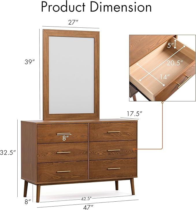 Furniture of America Wyatt Modern Solid Wood Bedroom Collection with Queen Bed Frame, Nightstands, Dresser with Mirror, Chest, No Box Spring Needed, Walnut, Standard Platform, 6-Piece Set