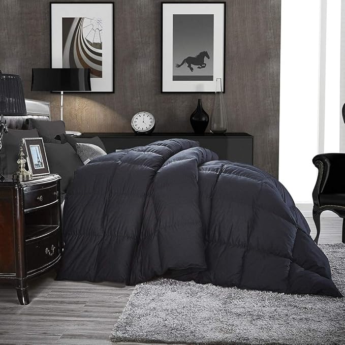Luxurious Palatial King/Super King Goose Down Comforter, 120 X 90 inches, Unique Black Solid, 600 Thread Count, 100% Egyptian Cotton Cover, 85 Oz Fill Weight, 750 Fill Power
