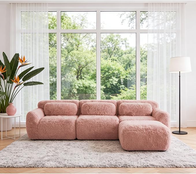 114.7" L-Shaped Boneless Modular Sofa, Plush Foam Lounge Couch, 32D High Density Sponge, Plush Convertible Sofa Set Deep Seat Couches for Living Room, Bedroom and Apartment, Pink