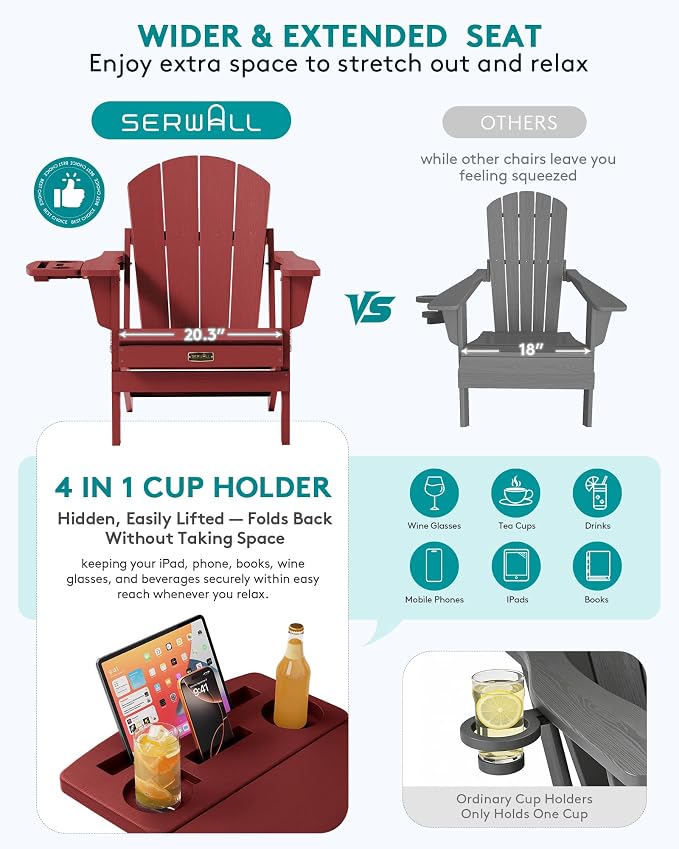 SERWALL Folding Adirondack Chair, Outdoor Adirondack Chairs with 4 in 1 Cup Holder, Wood Texture, Weather Resistant Plastic Patio Fire Pit Chairs for Garden, Backyard, Deck, Lawn - Green - Image 5