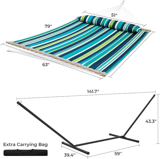 SUPERJARE Hammock with Stand, 2 Person Quilted Outdoor Hammock, Detachable Pillow & Bamboo Spreaders, Portable Hammock with Carrying Bag, Heavy Duty Stand, Perfect for Outside, Patio, Dark Cyan - Image 8