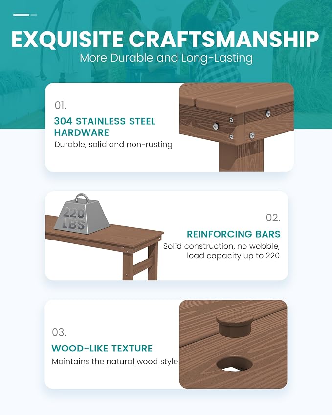 SERWALL Outdoor Bar Set - 2 Adirondack Bar Chairs & Bar Height Table with 1.6" Umbrella Hole, All-Weather HDPE Patio Furniture for Poolside, Backyard, Garden - Brown - Image 6