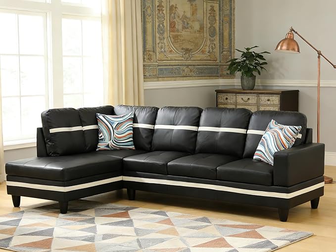 103.5 Inch Modern L-Shaped Couch, PU Leather Sectional Sofa with Chaise Lounge, 4-Seater Couch with Accent Pillows for Living Room, Apartment, Black and White