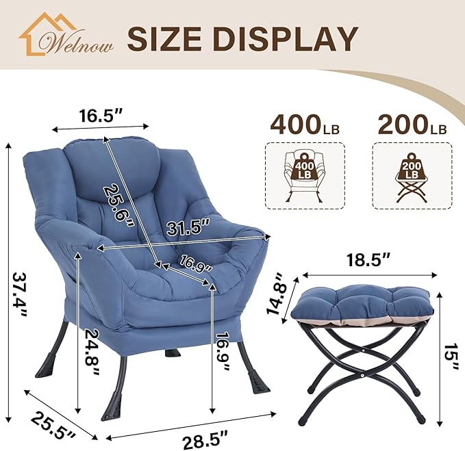Welnow Lazy Chair with Ottoman, Modern Accent Chair with Armrests and a Side Pocket, Leisure Sofa Armchair, Reading Armchair with Footrest for Small Space, Royal Blue