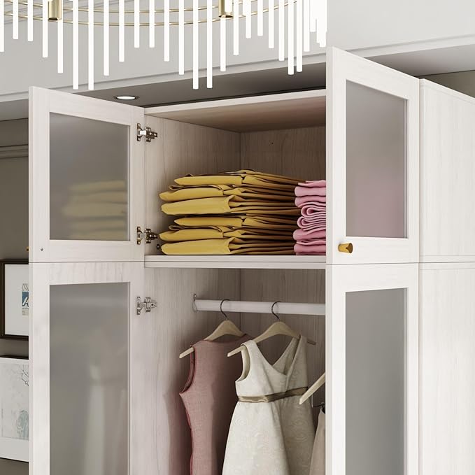 2 Door Wardrobe Armoire Closet with Hanging Rod & 2 Drawers, Bedroom Armoire with Frosted Glass Doors, Top Cabinet & Gold Knobs, Wood Grain, 19.9”D x 31.5”W x 86.6”H
