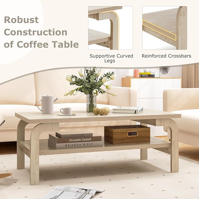 Giantex 2-Tier Coffee Table with Storage, 47” Mid Century Rectangle Accent Table with Open Shelf, Large Tabletop & Curved Legs, Rustic Style Wood Cocktail, Center Table for Living Room, Natural