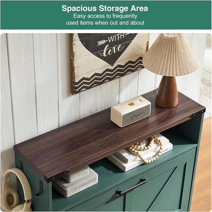 Barnyatoh Shoe Storage Cabinet,Farmhouse Shoe Organizer with 2 Flip Drawers & Barn Door Design,Freestanding Hidden Slim Narrow Shoe Rack Cabinet with Open Storage for Entryway, Foyer,Hallway,Green - Image 5
