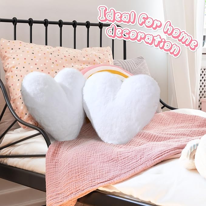 Marsui 2 Pcs Heart Throw Pillows, Soft Fluffy Faux Fur Decorative Hearts Shaped Pillows for Living Room Sofa Bed, Cute Heart Themed Gift for Women(White,11.81 x 11.02 Inch)